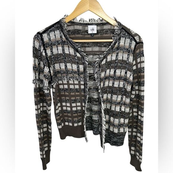 Cabi Women's Brown and White Plaid Classic Cardigan Size XS Slim Fit Cropped - Picture 3 of 11